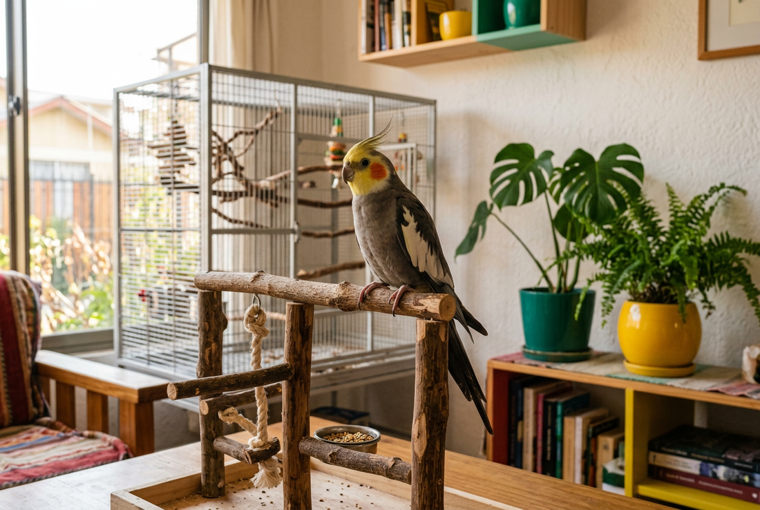 Ninfa en una percha de madera en un hogar luminoso