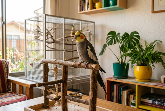 Ninfa en una percha de madera en un hogar luminoso