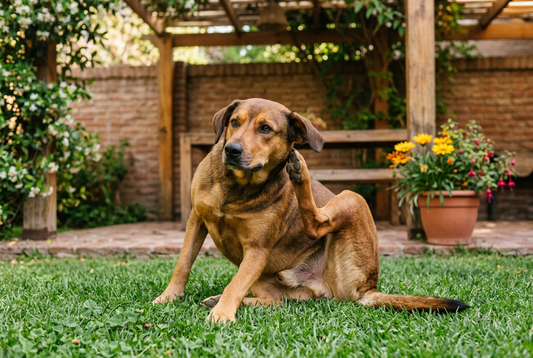 Perro mestizo café rascándose detrás de la oreja en un patio con pasto, pérgola de madera y flores amarillas.