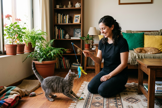 Una persona con polera negra juega con su gato atigrado en el living, con cojines verdes y amarillos.