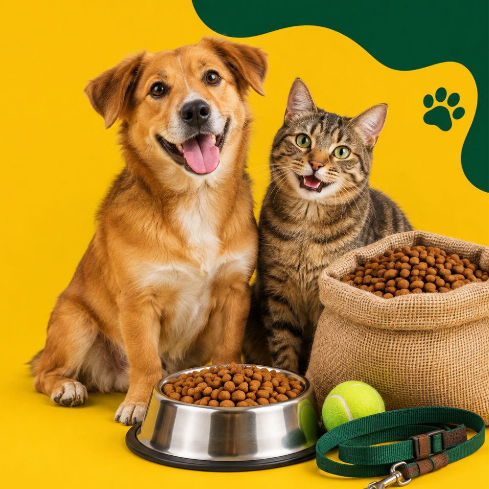 Perro y gato junto a alimento – Mascota Feliz Feria
