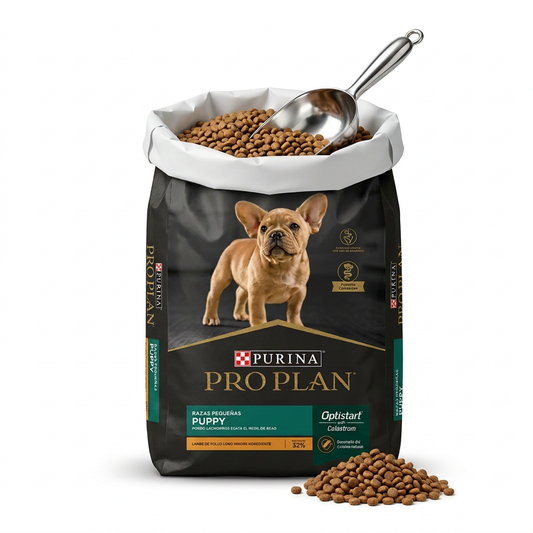 Imagen ilustrativa de Pro Plan Puppy Razas Pequeñas a granel, saco abierto con interior blanco y pala metálica. Venta por kilo.