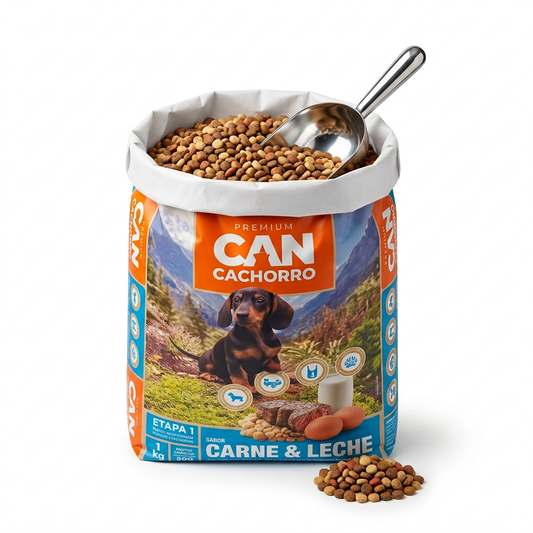 Imagen ilustrativa de Can Cachorro a granel con saco abierto, interior blanco y pala metálica. Venta por kilo.