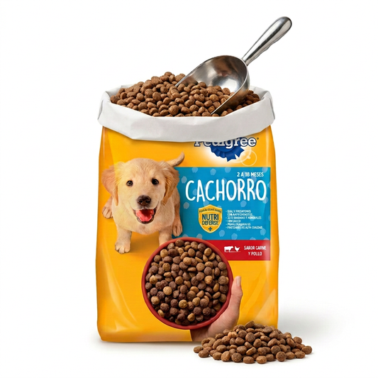 Imagen ilustrativa de Pedigree Cachorro vendido a granel, saco abierto con interior blanco, croquetas secas y pala metálica. Venta por kilo.