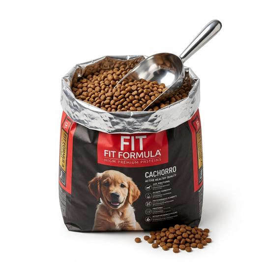 Imagen ilustrativa de Fit Fórmula Cachorro vendido a granel, con interior plateado y pala metálica.