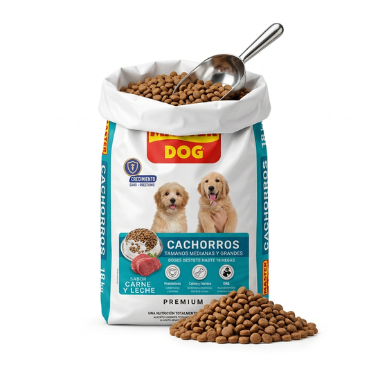 Imagen ilustrativa de Master Dog Cachorro a granel, saco abierto con interior blanco y pala metálica. Venta por kilo.